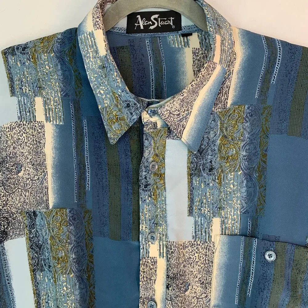 Alan Stuart Polo Shirt Men XL Blue Multicolor Abstract Geometric Retro Vintage - Picture 3 of 11